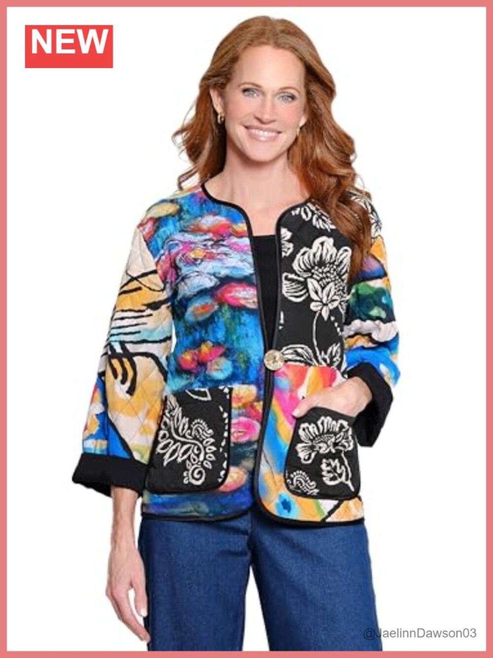Women's Mix Print Quilted Jacket Patch Pockets Long Sleeve Lightweight
